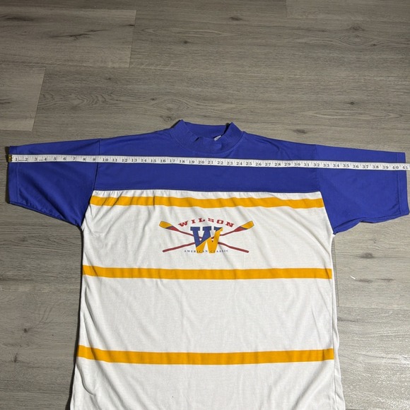 Vintage Wilson American Classic Striped Tee XL Blue Yellow 90s Made in Singapore - Picture 9 of 10